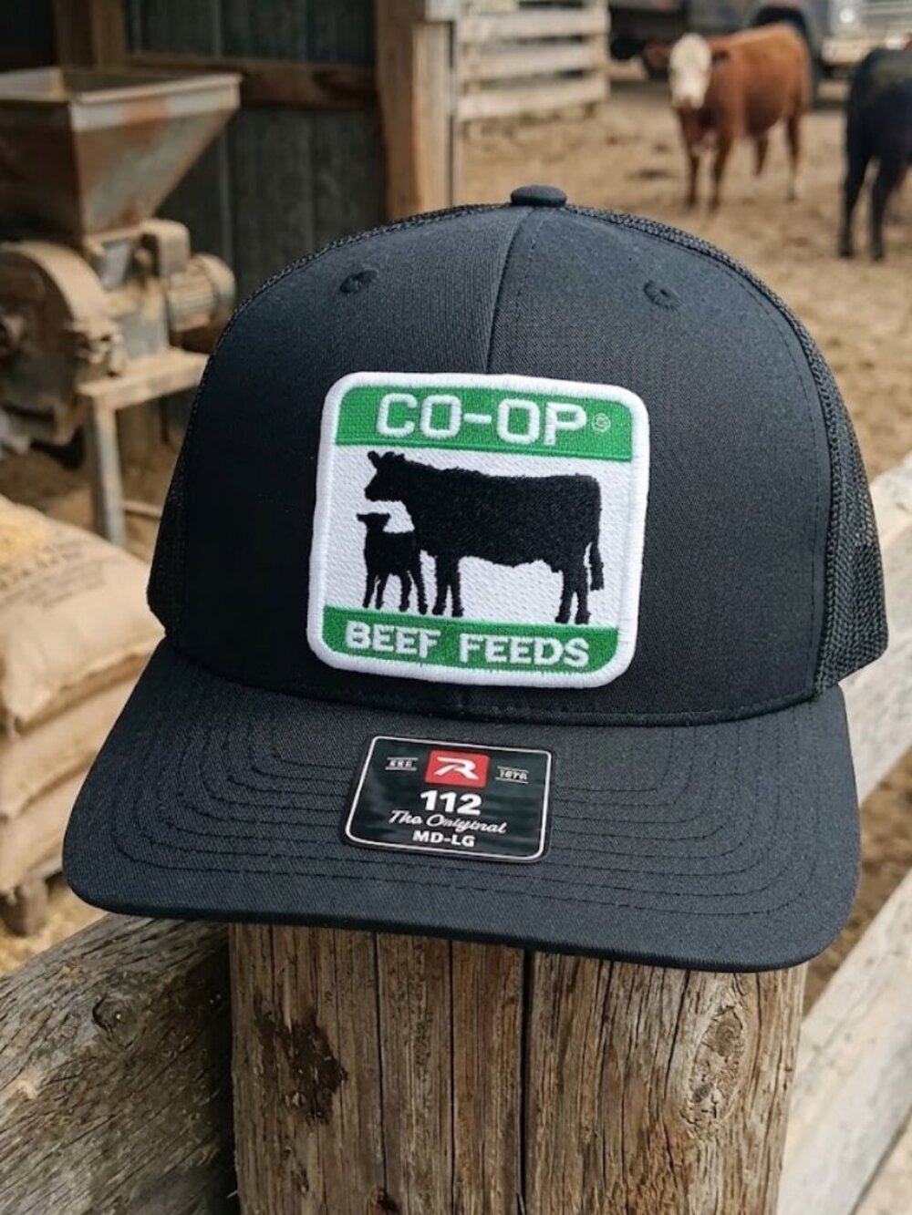 Co-Op Beef Feeds Cattle Embroidered Patch Richardson 112 Snapback Hat Ranch Farm